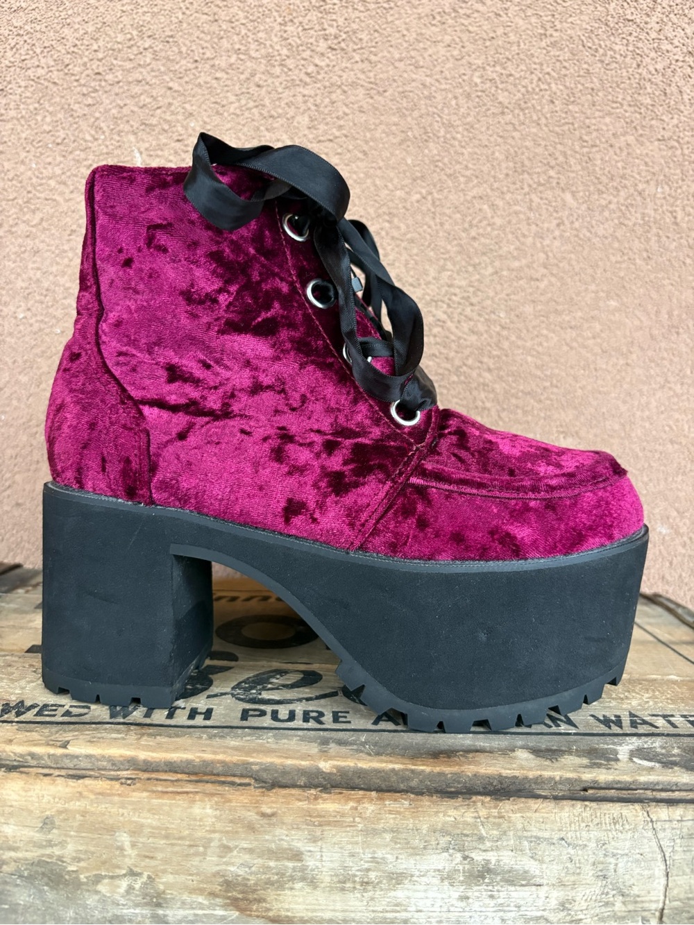 T.U.K. Burgundy Crushed Velvet Nosebleed Boot